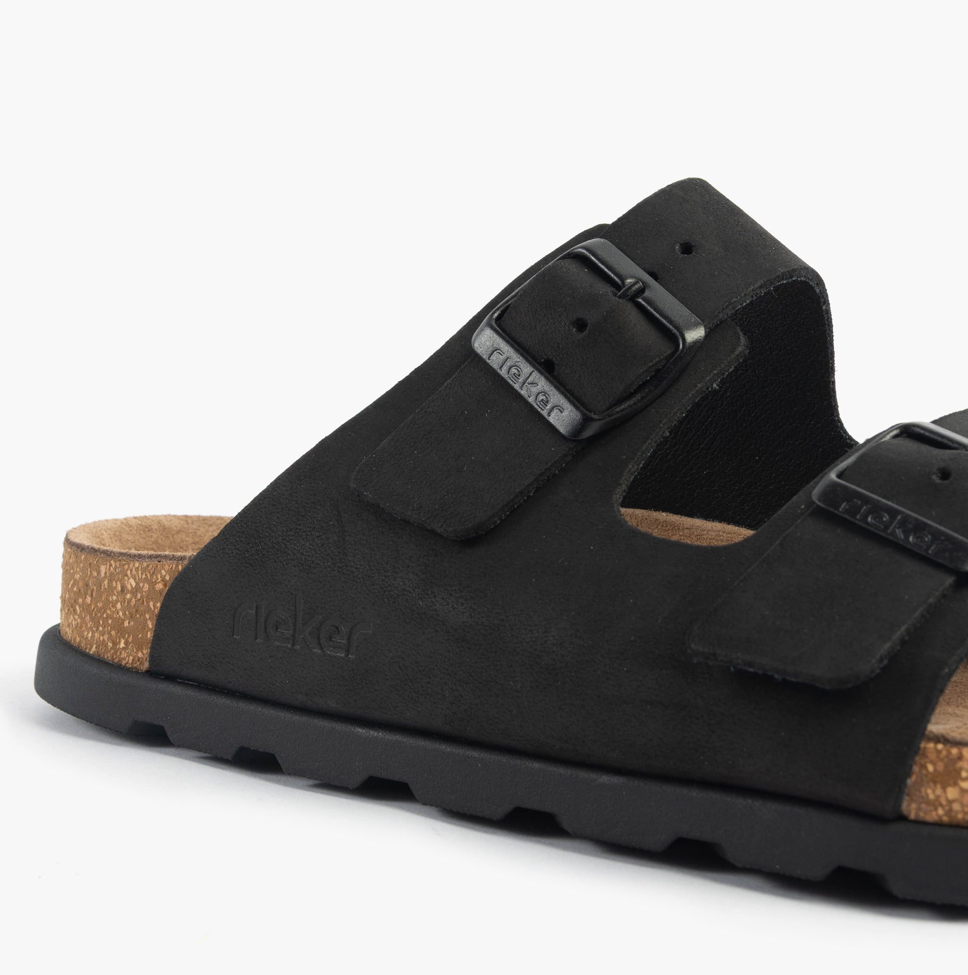 Rieker 21190-00 Mens Sandals Black side view featuring two buckle closures and a textured sole.