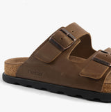 Rieker 21190-26 Mens Sandals Brown side view featuring leather upper and slip-on design.
