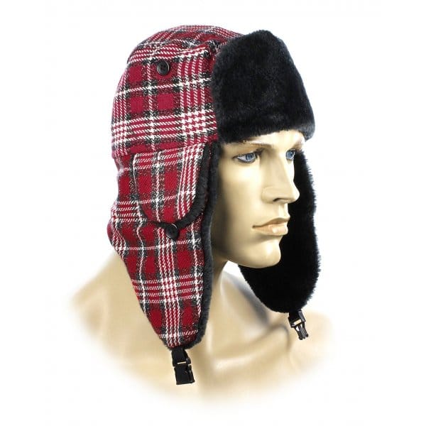 Royal Collection FASHION TRAPPER Womens Ushanka Hat Red front view with checked pattern and faux fur lining.