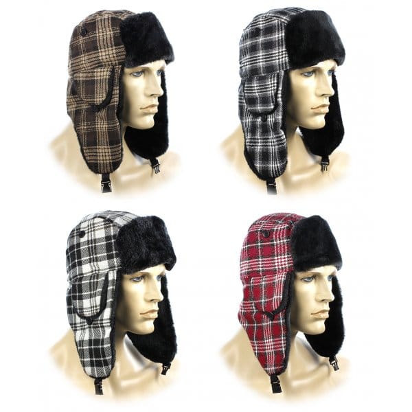 Royal Collection FASHION TRAPPER Womens Ushanka Hat Red front view with black faux fur lining, checked pattern and glittering fibres.