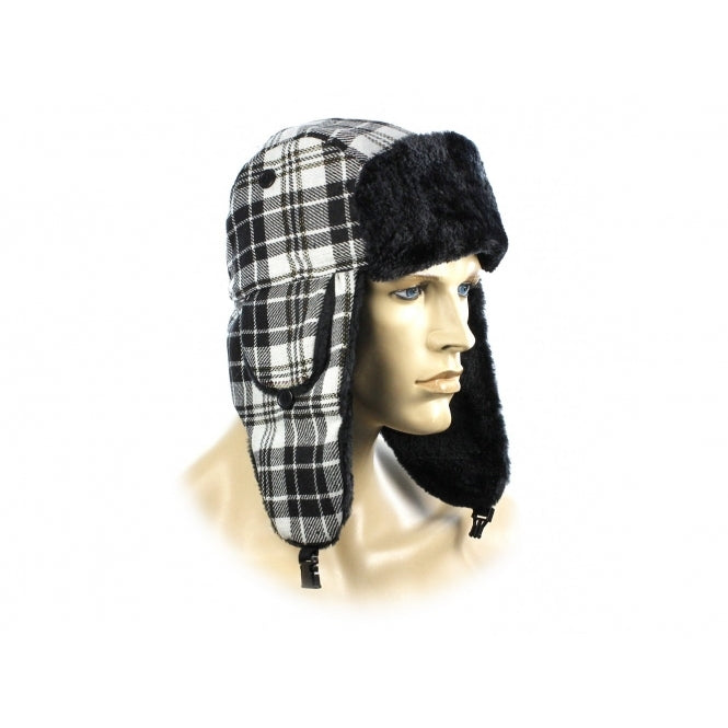 Royal Collection FASHION TRAPPER Womens Ushanka Hat White side view with checked pattern and faux fur lining.