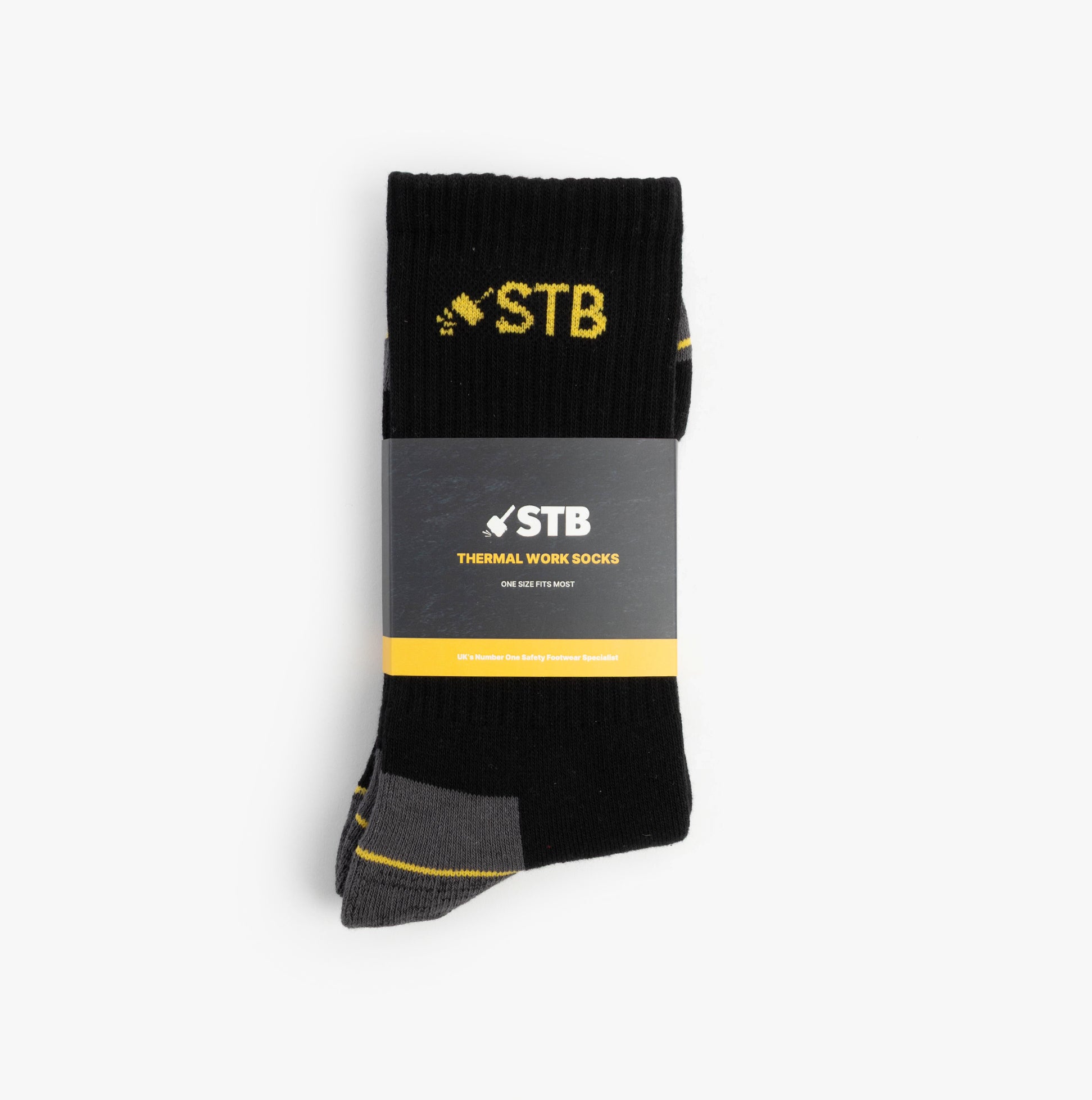 STB Thermal Work Socks UK 6-11 front view, black with yellow logo, insulated thermal socks.