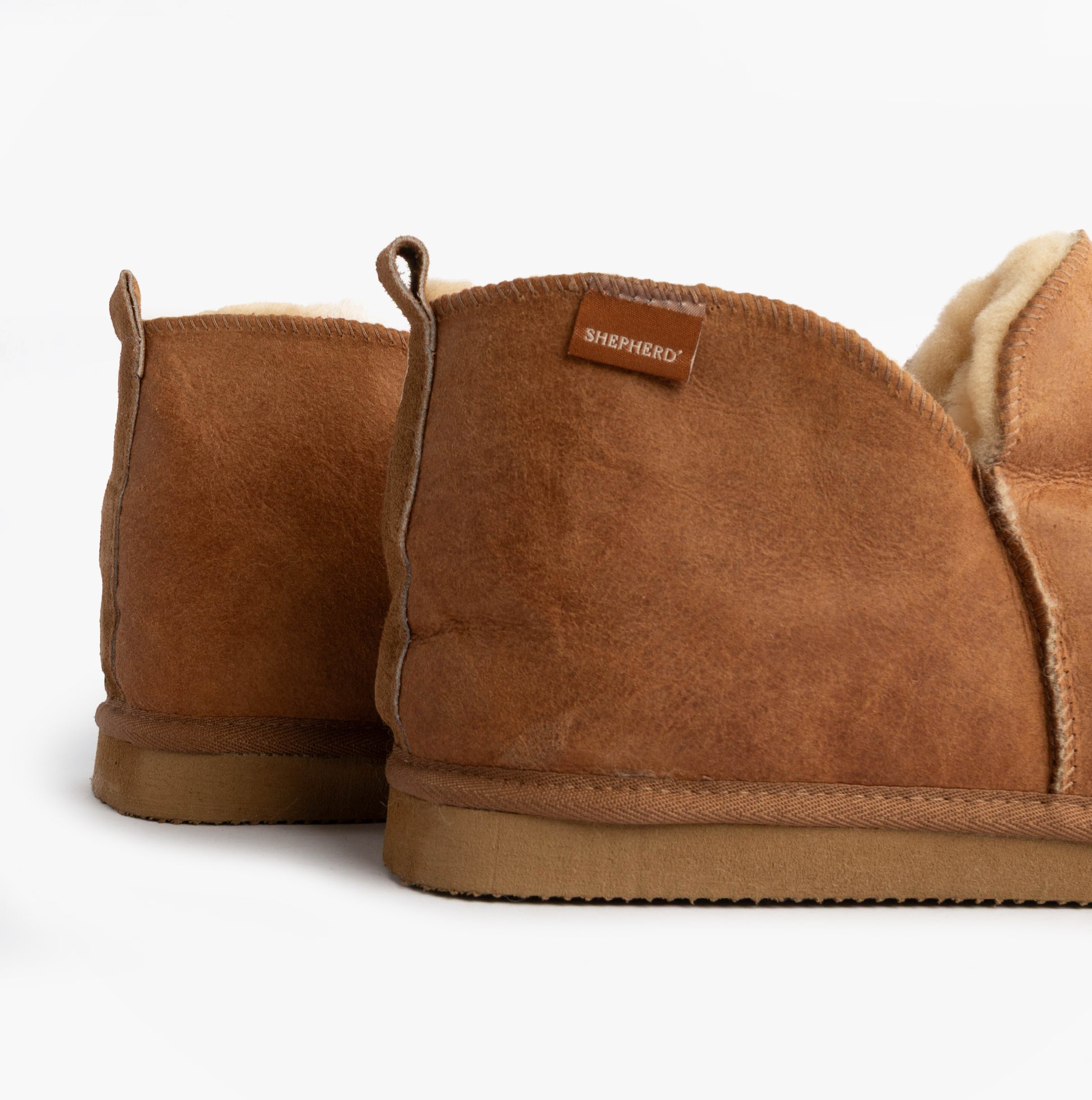 Shepherd ANTON Mens Sheepskin Slipper Boots Brown side view showcasing the soft sheepskin upper and warm lining.