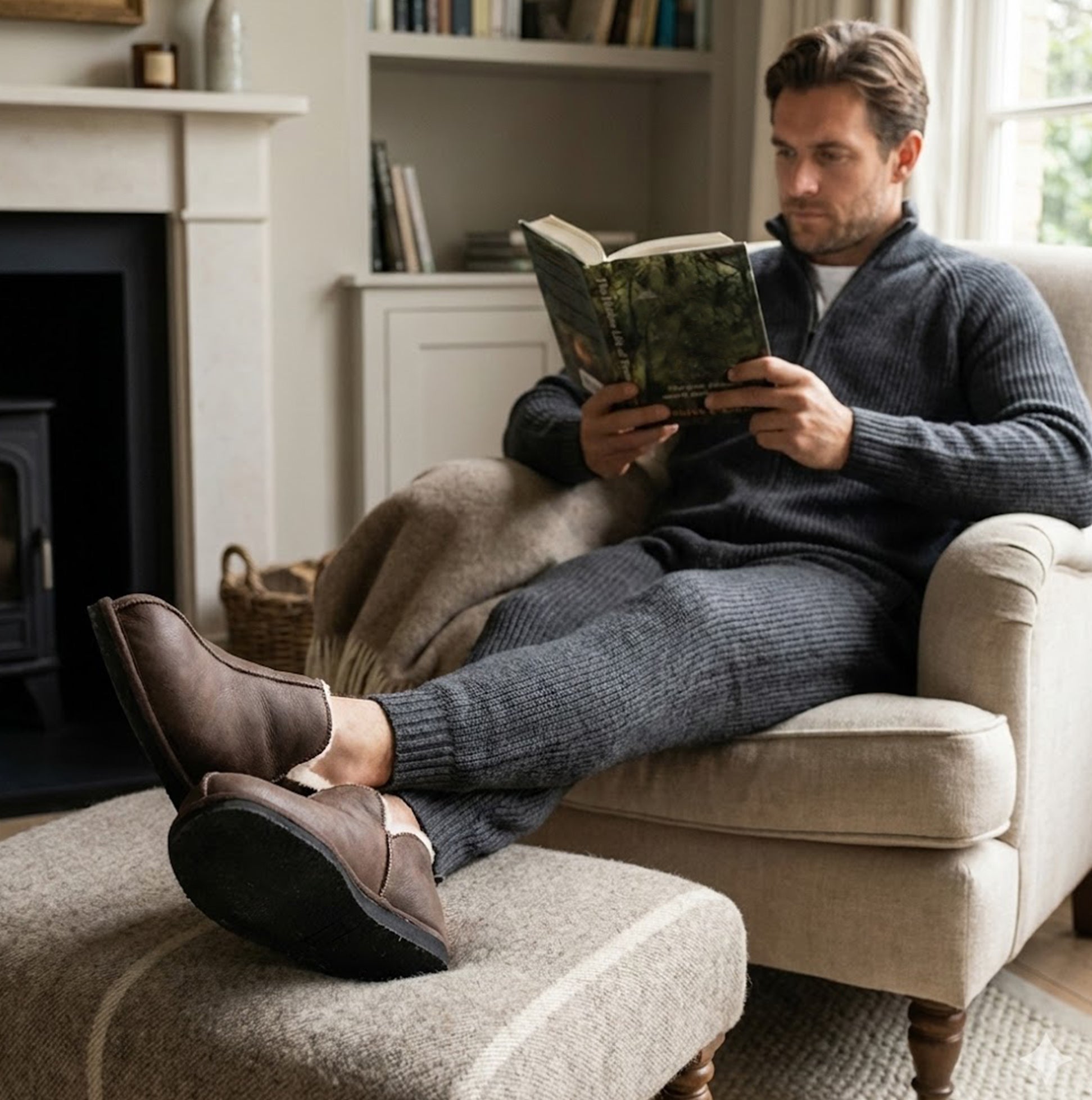 Shepherd ANTON Mens Sheepskin Slipper Boots Oiled Antique side view worn by a man sitting and reading in a cozy setting.