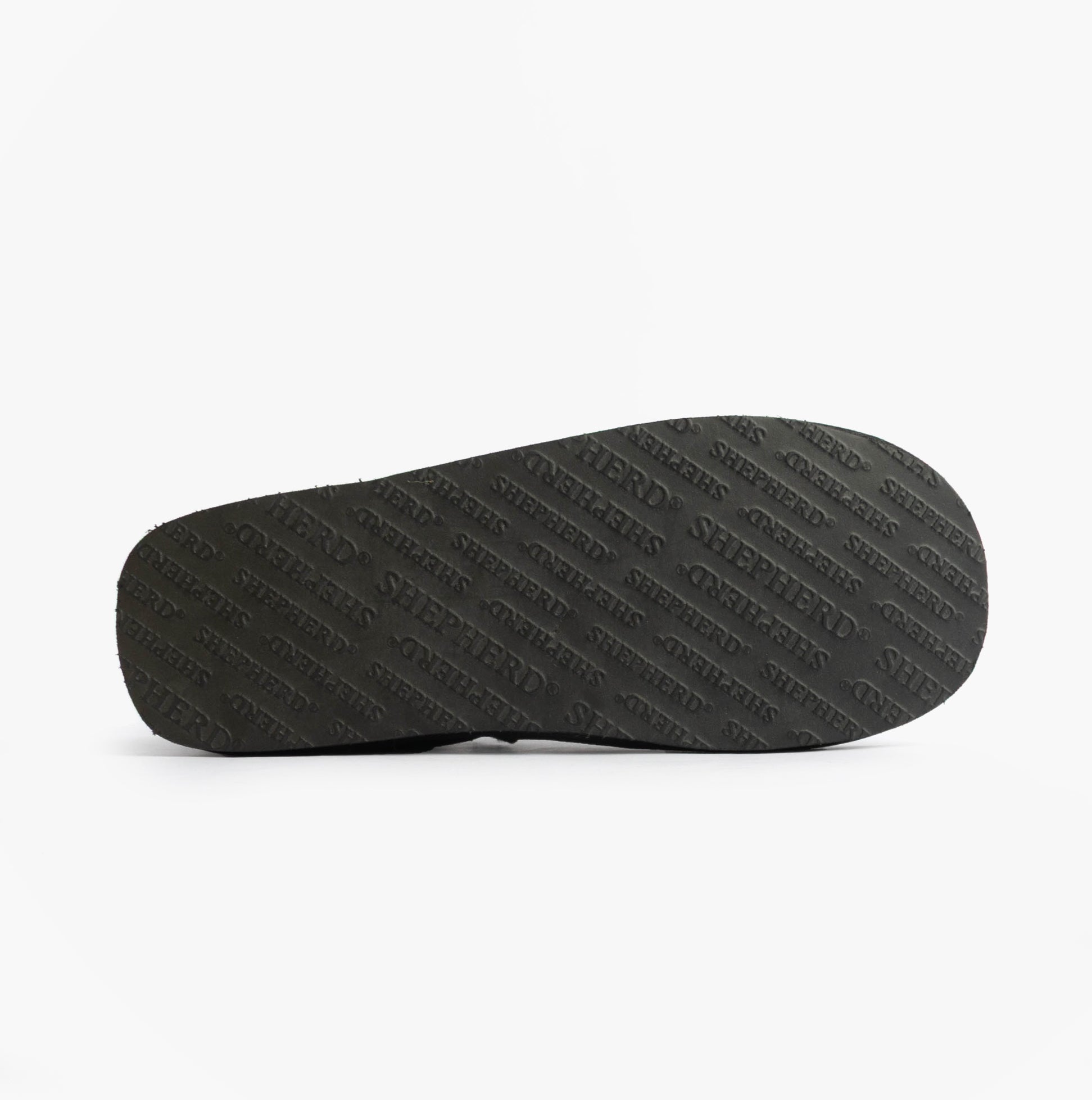 Shepherd ANTON Mens Slippers Matt Black bottom view showing rubber sole with embossed brand logo