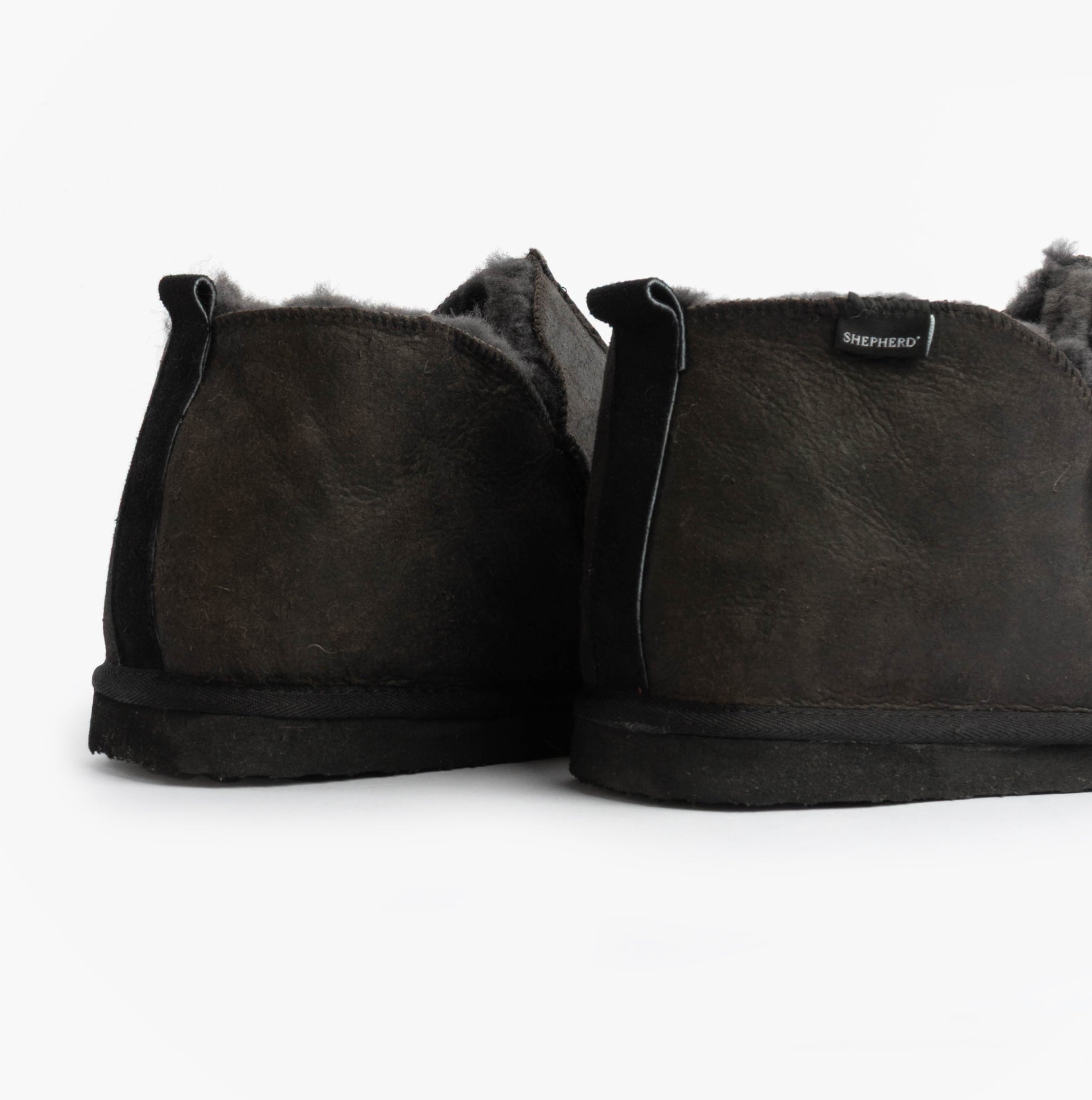 Shepherd ANTON Mens Slippers Matt Black back view showing soft leather and suede upper material