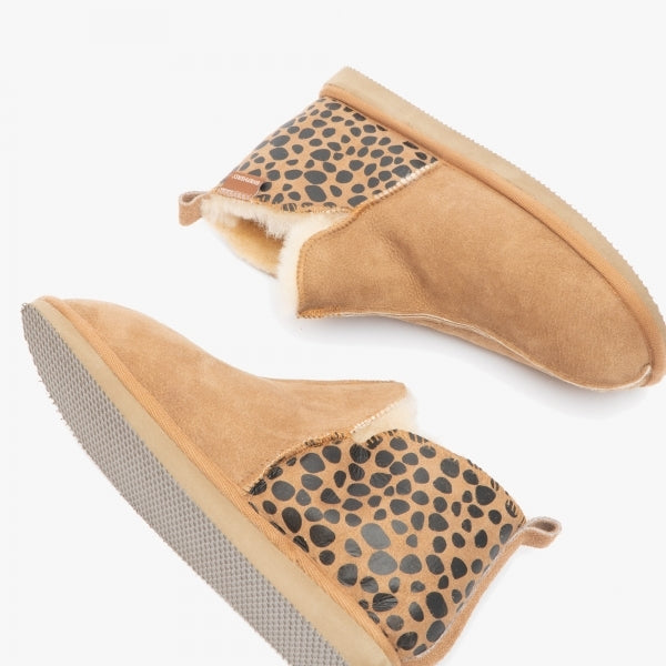 Shepherd ANNIE Womens Sheepskin Slipper Boots Leopard/Chestnut side view showcasing leopard print and soft sheepskin lining.