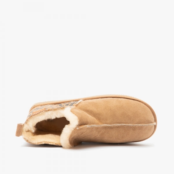 Shepherd ANNIE Womens Sheepskin Slipper Boots Leopard/Chestnut side view showing soft sheepskin and stylish leopard design.