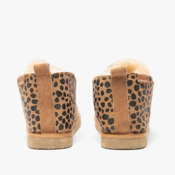 Shepherd ANNIE Womens Sheepskin Slipper Boots Leopard/Chestnut rear view showing the stylish leopard print design and soft sheepskin lining.