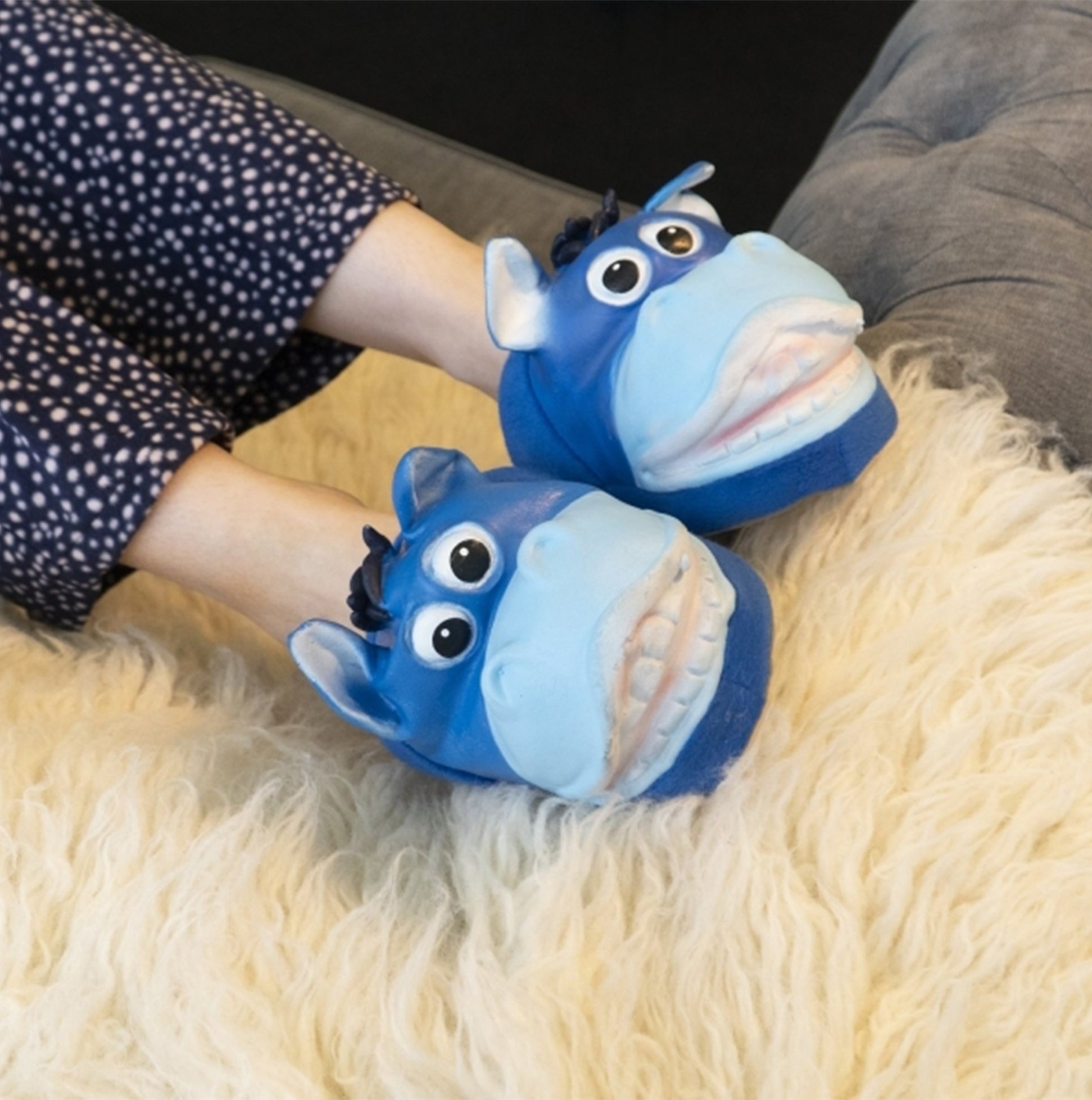 Shuperb CIUCHI Unisex Slippers Blue worn on feet, featuring a playful blue design with character detail view.