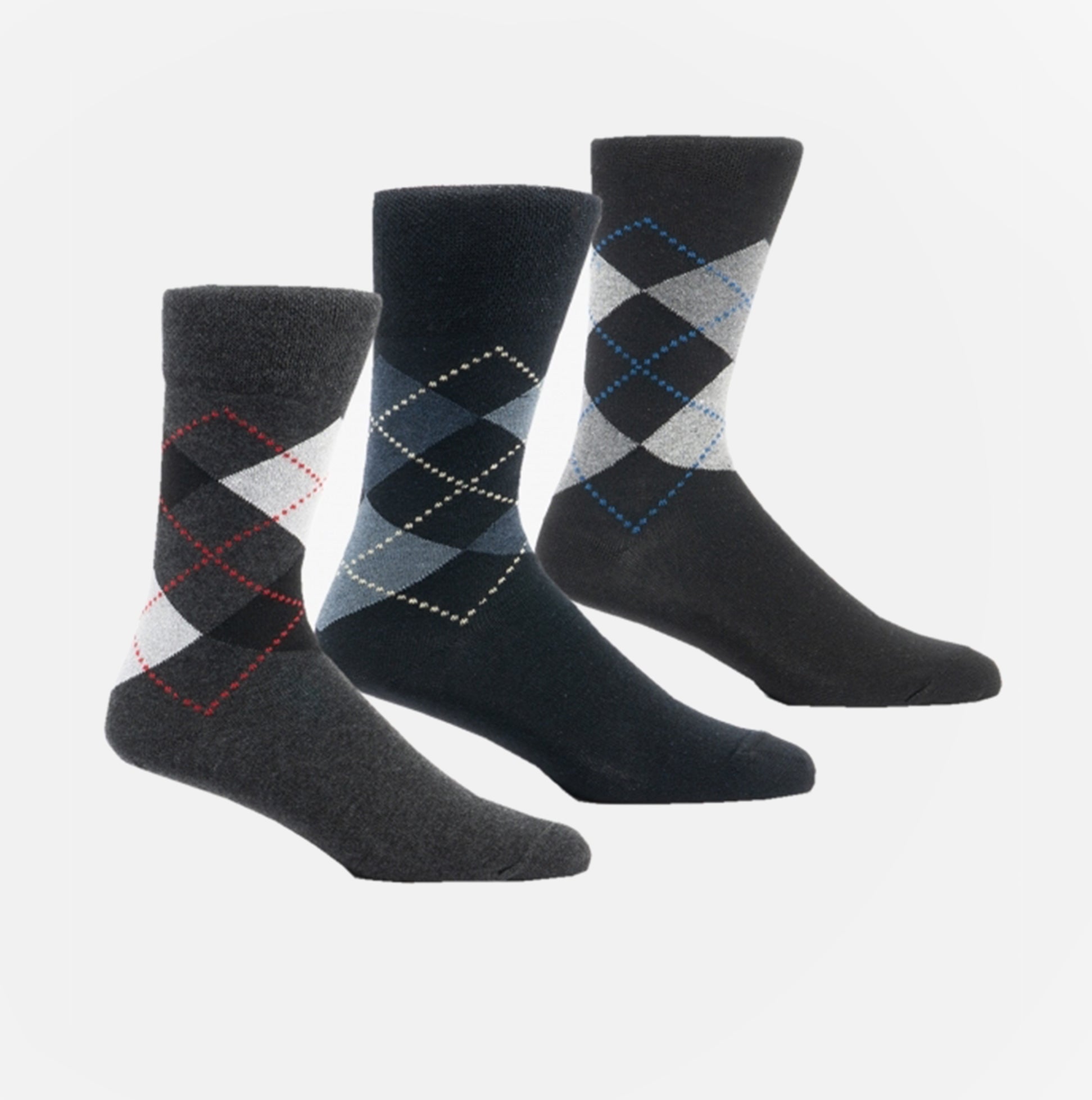 Shuperb ARGYLE 3 Pack Diabetic Mens Socks Navy/Grey: One Size side view showcasing three styles with argyle patterns.