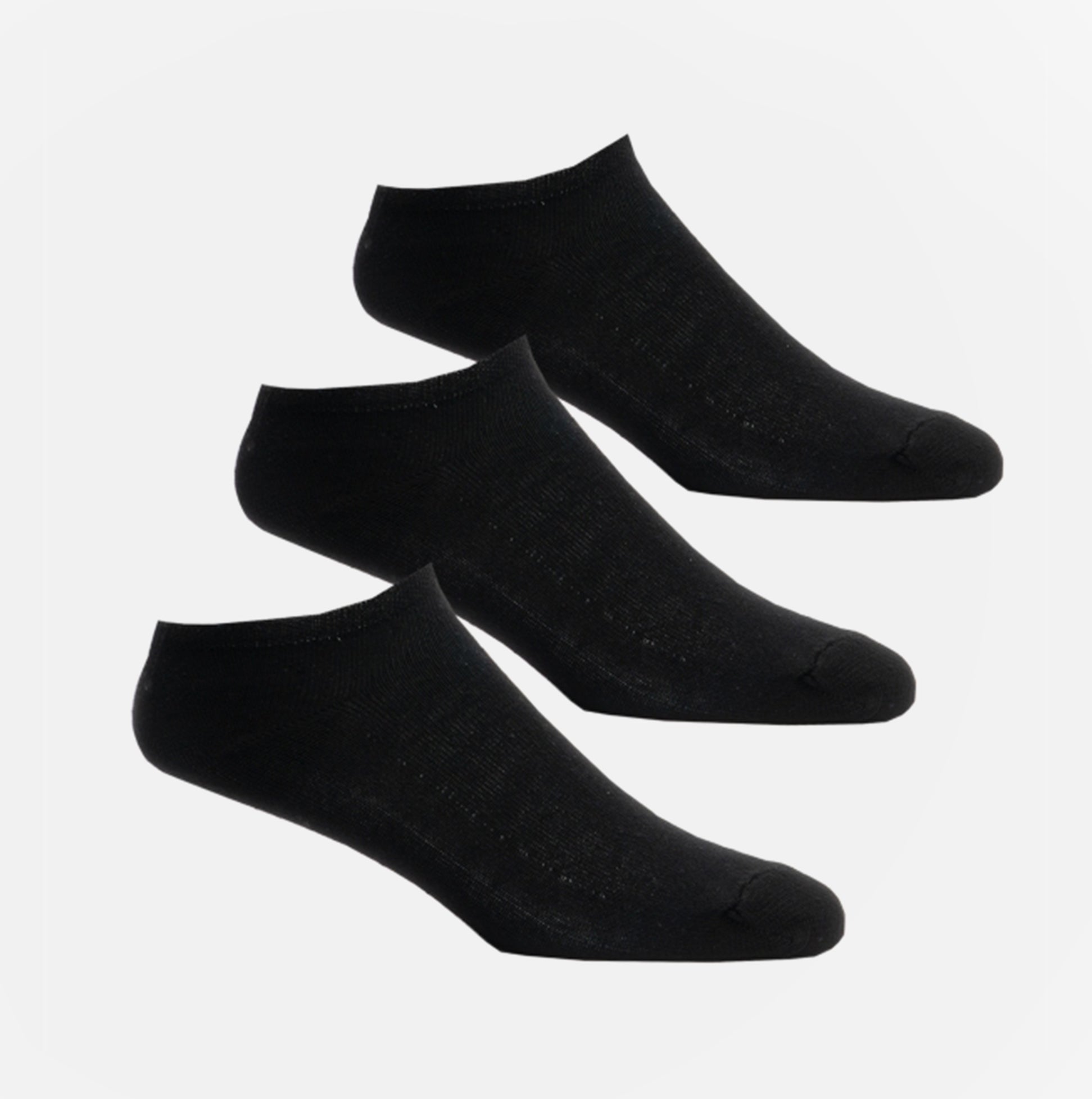 Shuperb Mens 3 Pack Of Trainer Socks Black: One Size front view showing three pairs of black crew socks.