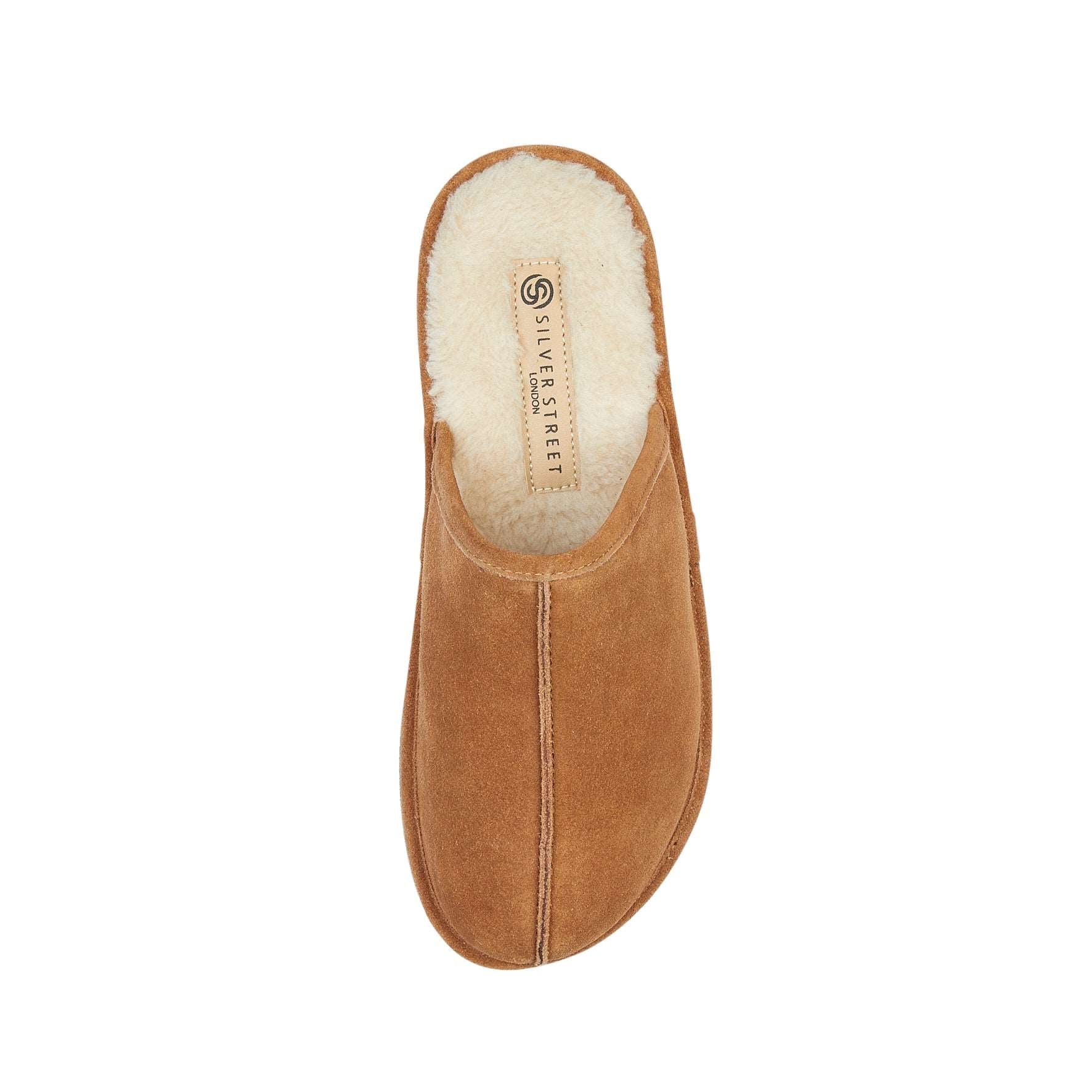 Silver Street London SMITHFIELD Mens Slippers Tan top view showcasing soft suede upper and warm lining.