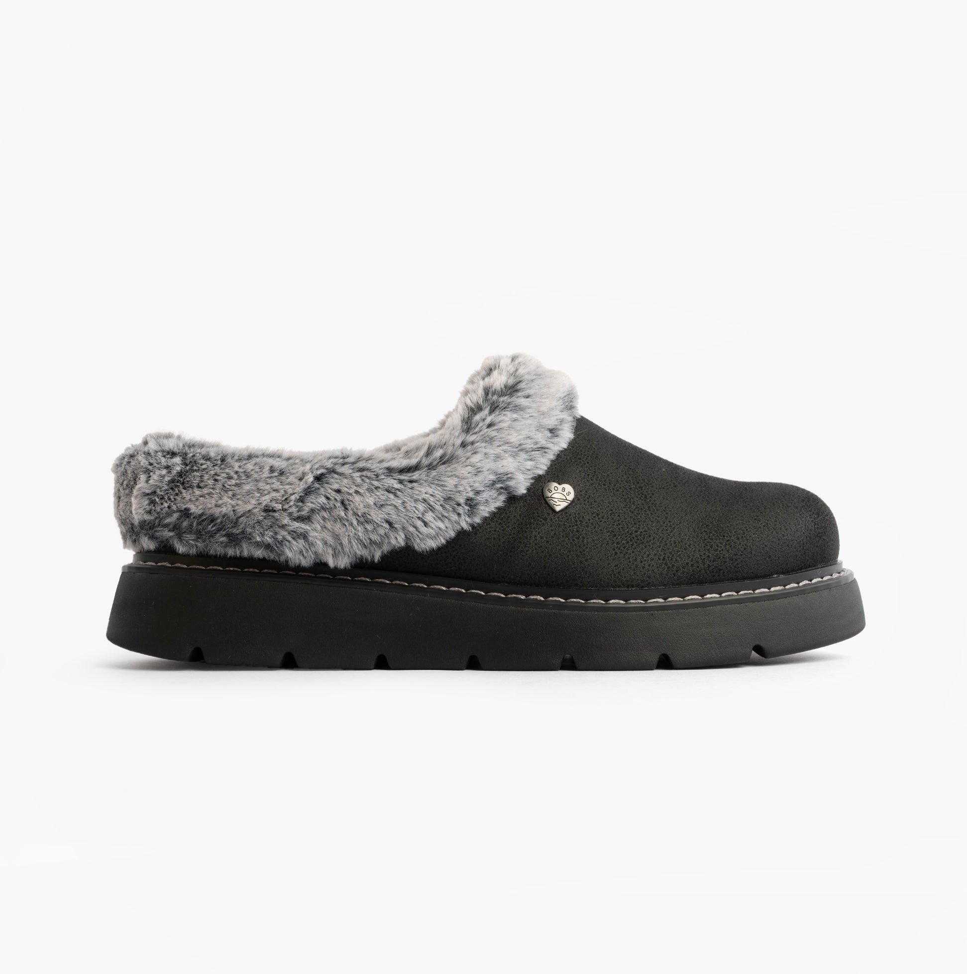 Skechers 114762/BBK KEEPSAKES LITE - COZY BLEND Womens Slippers Black side view showing soft fur lining and flexible outsole.