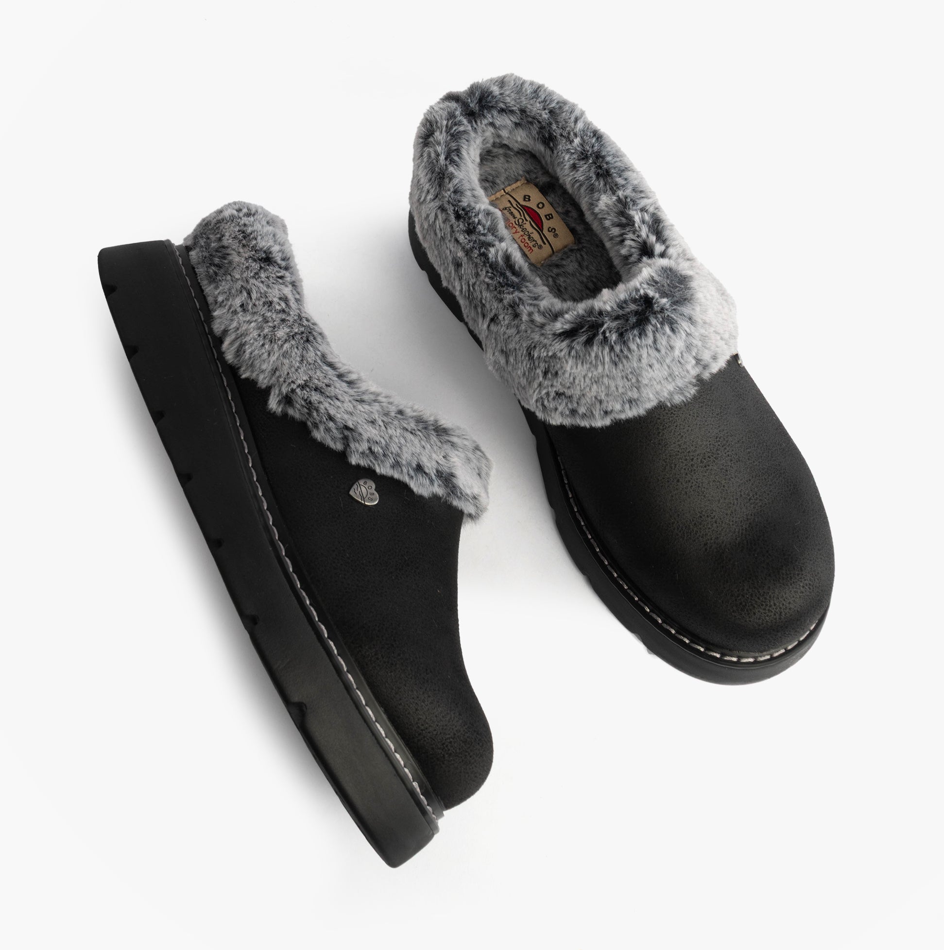 Skechers 114762/BBK KEEPSAKES LITE - COZY BLEND Womens Slippers Black, side view showcasing plush fur lining and sleek design.