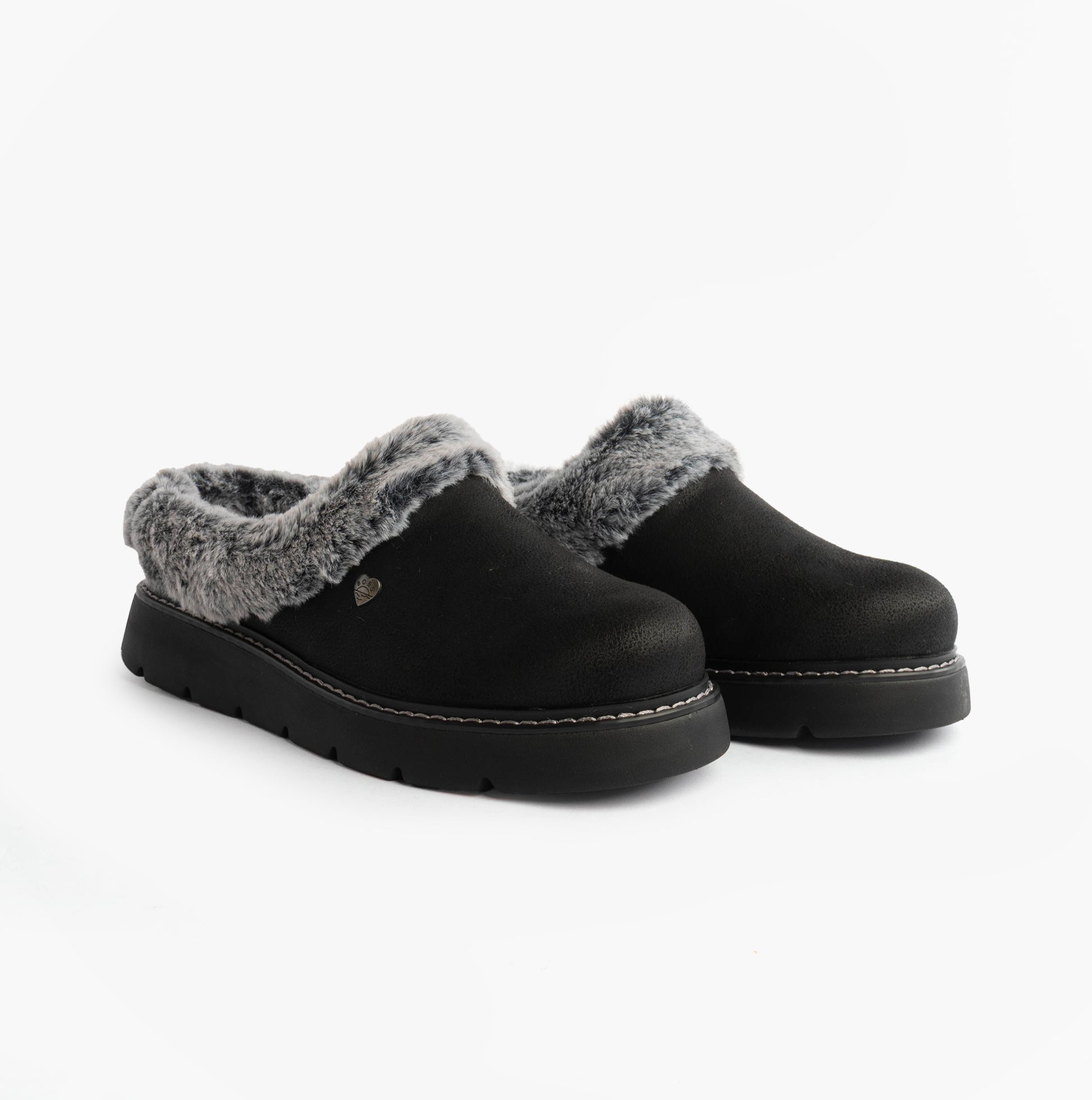 Skechers 114762/BBK KEEPSAKES LITE - COZY BLEND Womens Slippers Black side view with grey fur lining.