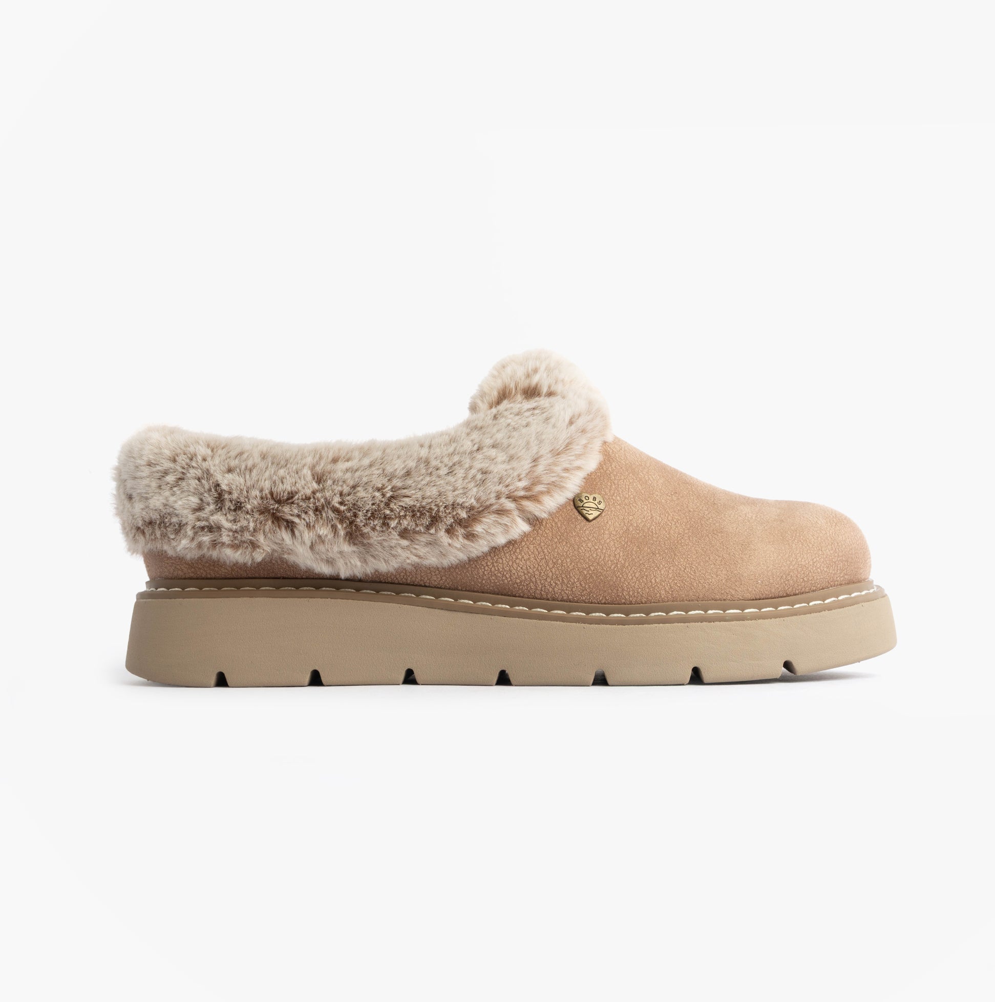 Skechers 114762/TPE KEEPSAKES LITE - COZY BLEND Womens Slippers Taupe side view showcasing soft faux fur lining.