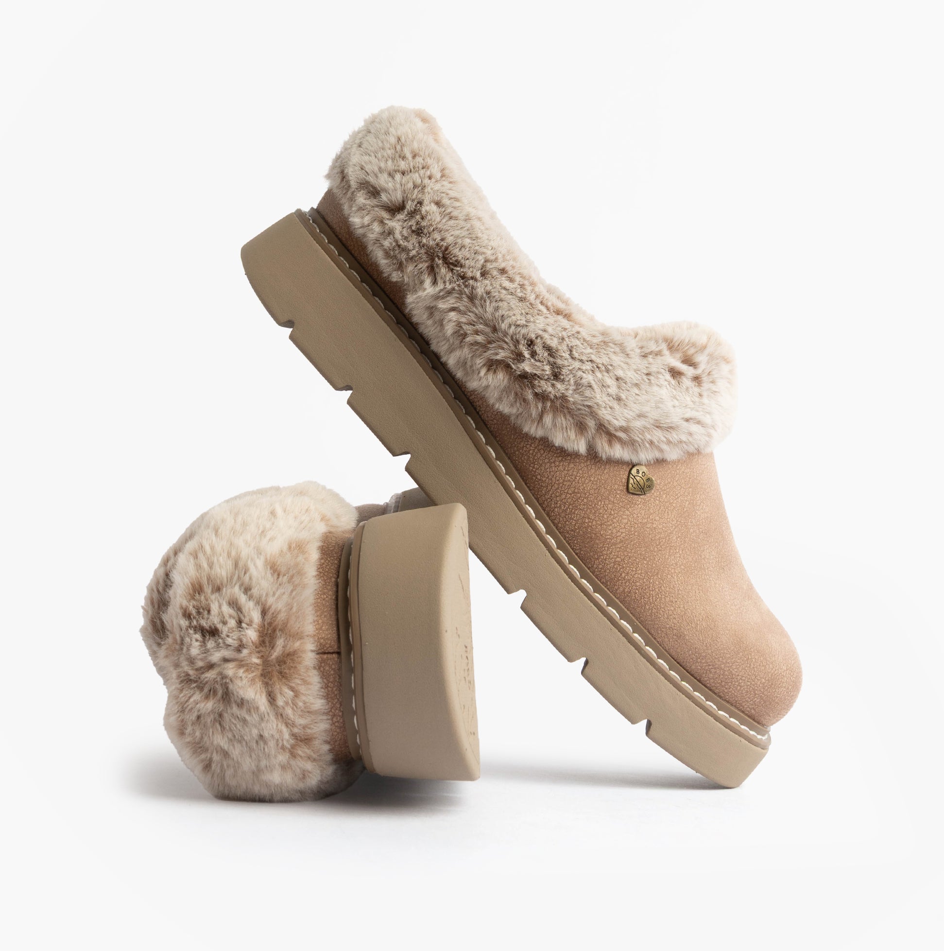 Skechers 114762/TPE KEEPSAKES LITE - COZY BLEND Womens Slippers Taupe side view showcasing soft fur lining.