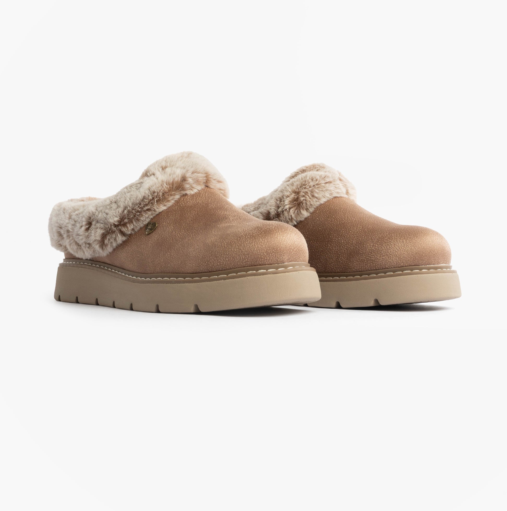 Skechers 114762/TPE KEEPSAKES LITE - COZY BLEND Womens Slippers Taupe side view showing soft textile upper and cozy lining.