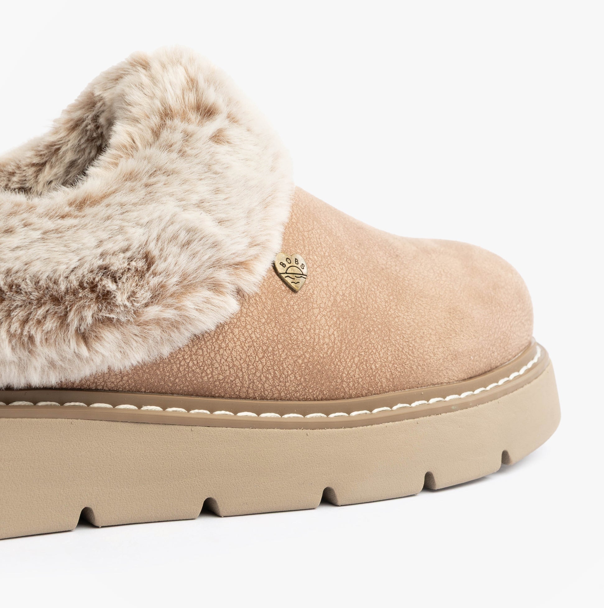 Skechers 114762/TPE KEEPSAKES LITE - COZY BLEND Womens Slippers Taupe side view with faux fur lining.
