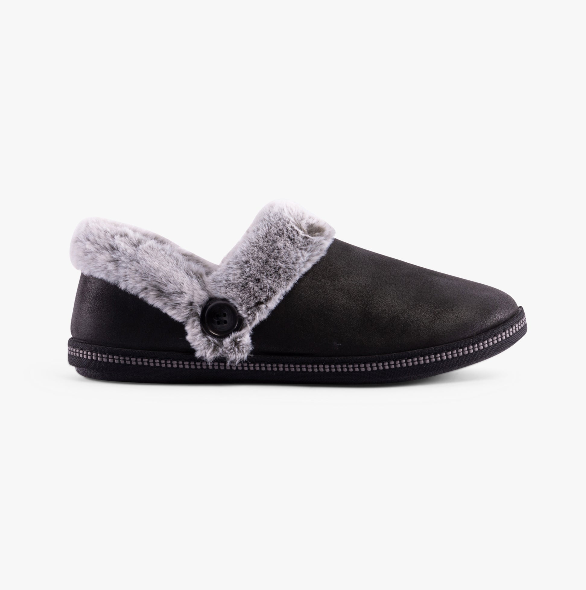 Skechers 169010/BLK COZY CAMPFIRE-FRENCH TOAST 2 Womens Slippers Black side view with faux fur lining and round toe design.
