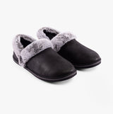 Skechers 169010/BLK COZY CAMPFIRE-FRENCH TOAST 2 Womens Slippers Black side view with faux leather and faux fur lining.