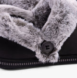 Skechers 169010/BLK COZY CAMPFIRE-FRENCH TOAST 2 Womens Slippers Black close-up of faux fur lining and button detail.
