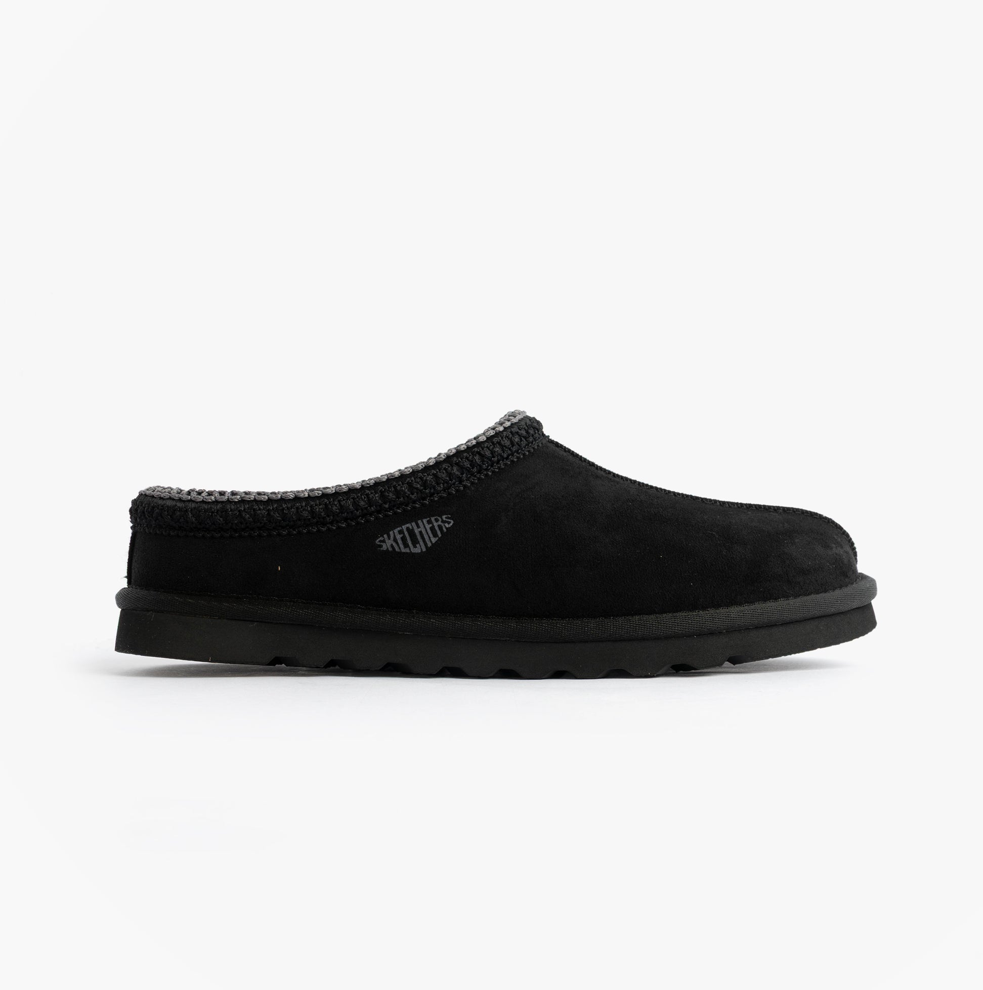 Skechers 205605/BLK RENTEN - ULRICH Mens Slippers Black side view showcasing relaxed fit and round toe.