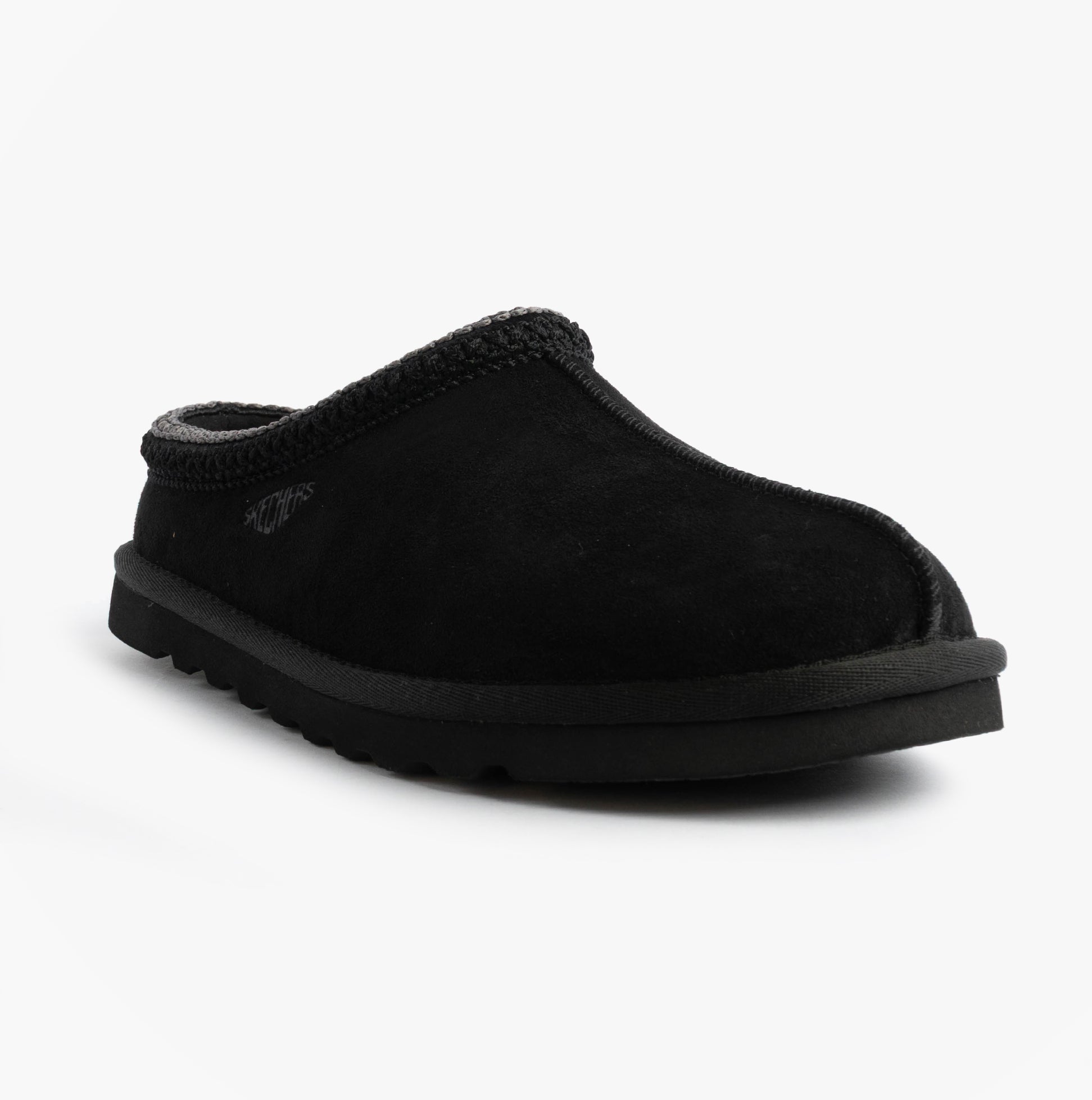 Skechers 205605/BLK RENTEN - ULRICH Mens Slippers Black side view, black textile mules, round toe, relaxed fit.