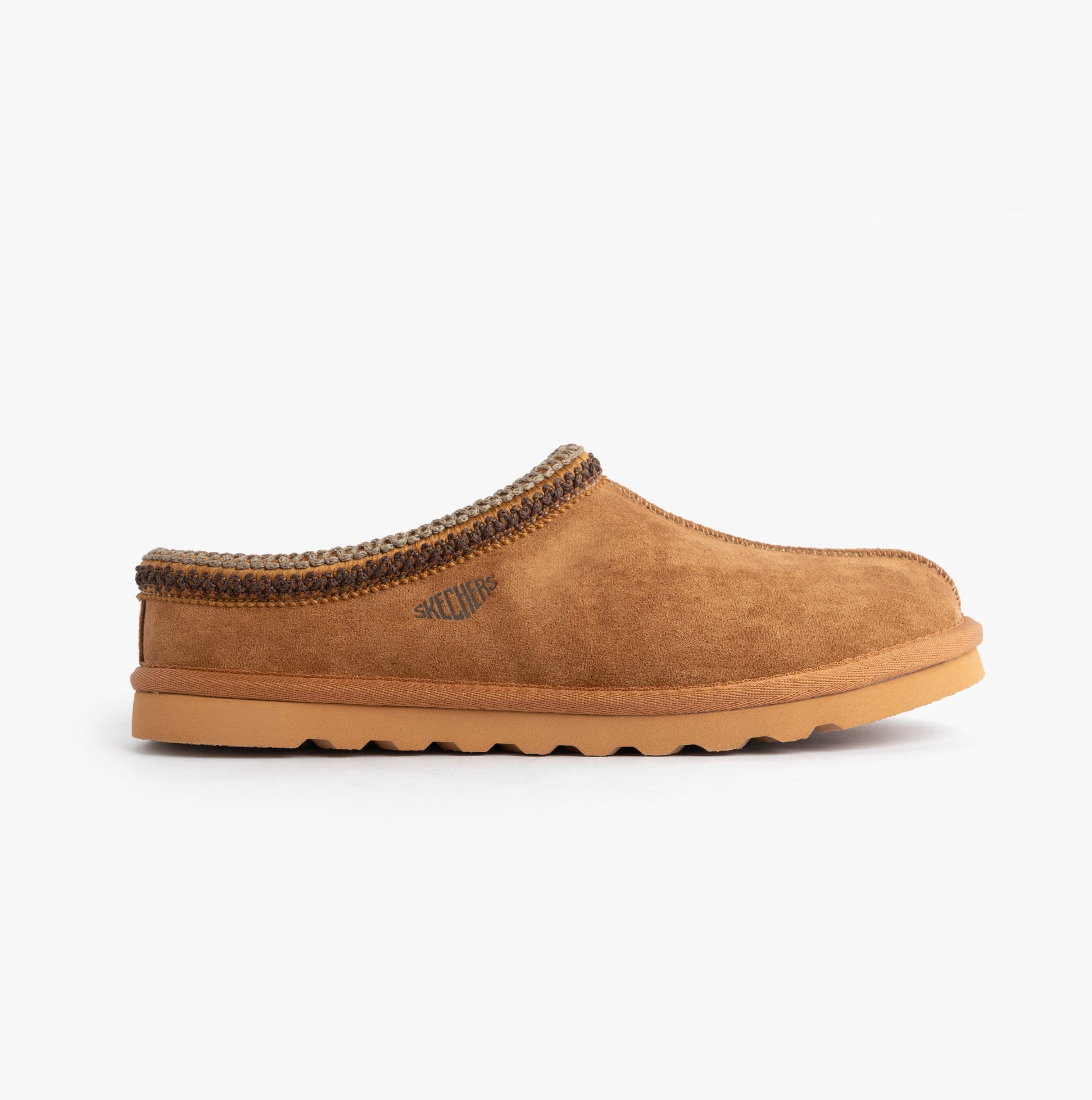 Skechers 205605/TAN RENTEN - ULRICH Mens Slippers Tan side view showcasing soft suede upper and slip-on design.