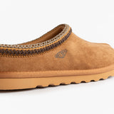 Skechers 205605/TAN RENTEN - ULRICH Mens Slippers Tan side view showcasing suede upper and relaxed comfort design.