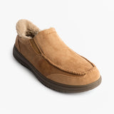 Skechers 205606/TAN MURETTE - SCOFIELD Mens Outdoor Slippers Tan side view, synthetic upper, faux fur lining, casual slip-on style.