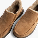 Skechers 205606/TAN MURETTE - SCOFIELD Mens Outdoor Slippers Tan top view showing suede exterior and faux fur lining.