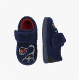 Sleepers CS269NC Boys Slippers Navy side and top view showing touch fasten strap and dinosaur design.