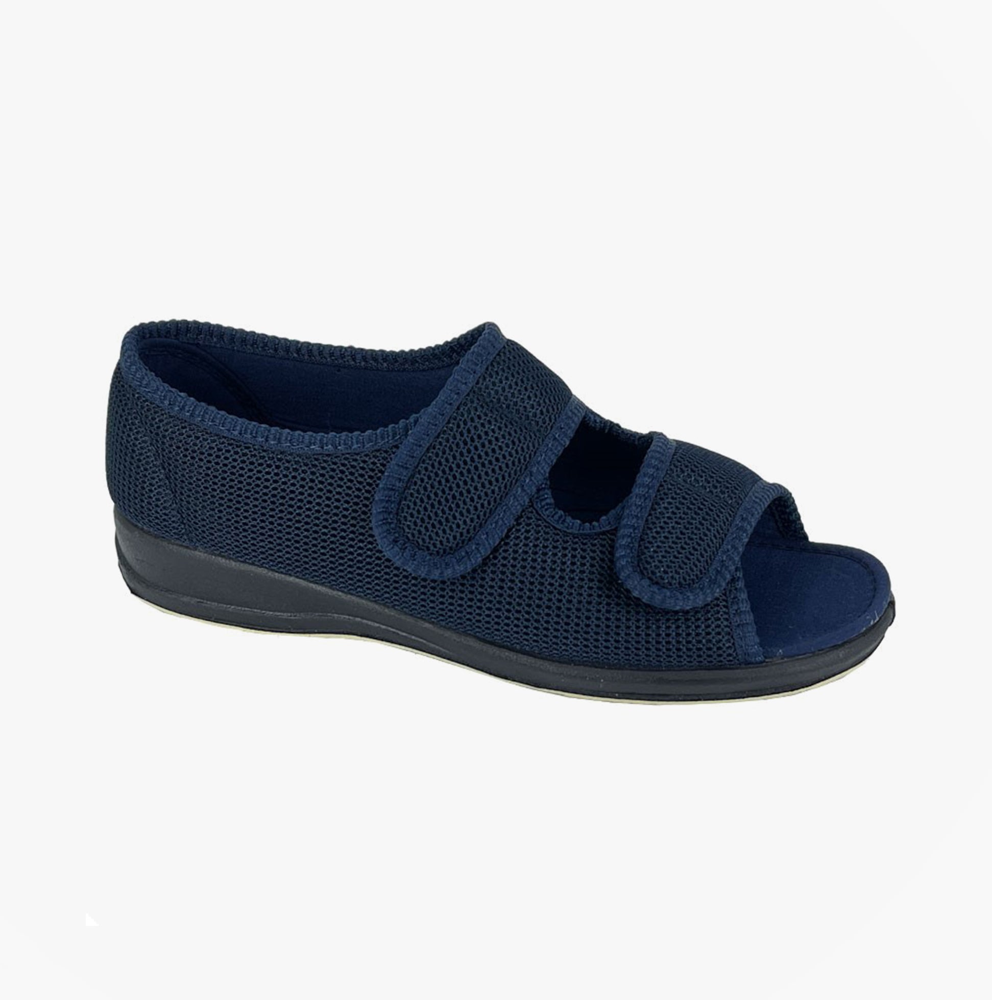 Sleepers BETTY Womens Touch Fasten/Velcro Slippers Navy Blue side view with adjustable straps and rubber sole.