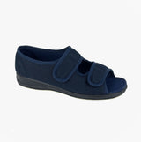 Sleepers BETTY Womens Touch Fasten/Velcro Slippers Navy Blue side view with adjustable straps and rubber sole.