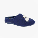 Sleepers SUZIE Womens Mules Slippers Navy side view featuring round toe, felt upper, and slip-on design.