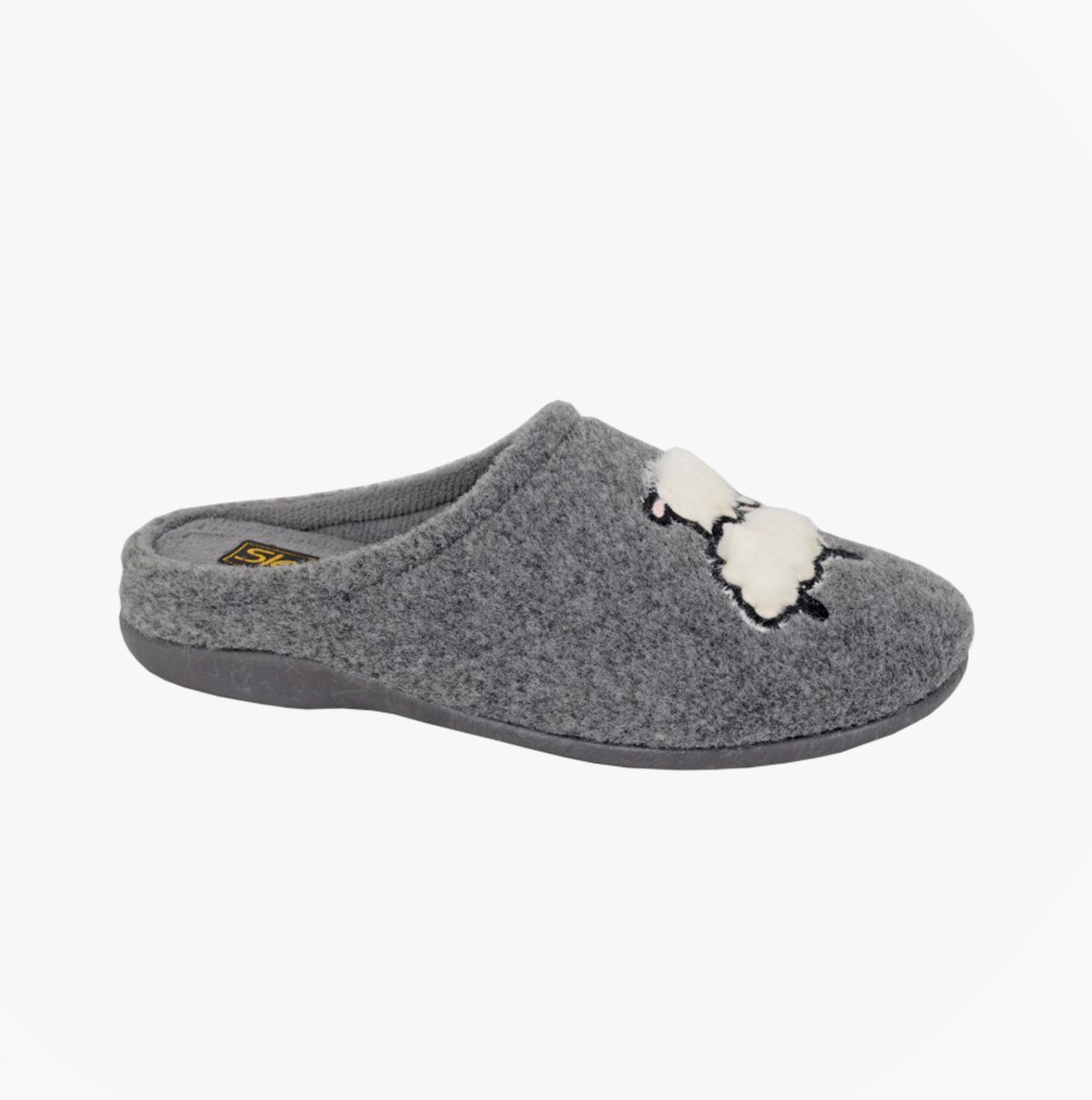 Sleepers SUZIE Womens Mules Slippers Grey side view with cute sheep design and soft felt upper.
