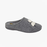 Sleepers SUZIE Womens Mules Slippers Grey side view with cute sheep design and soft felt upper.