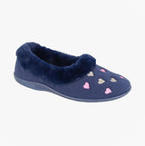 Sleepers DAISY Womens Full Slippers Slippers Navy side view with heart pattern and fluffy collar