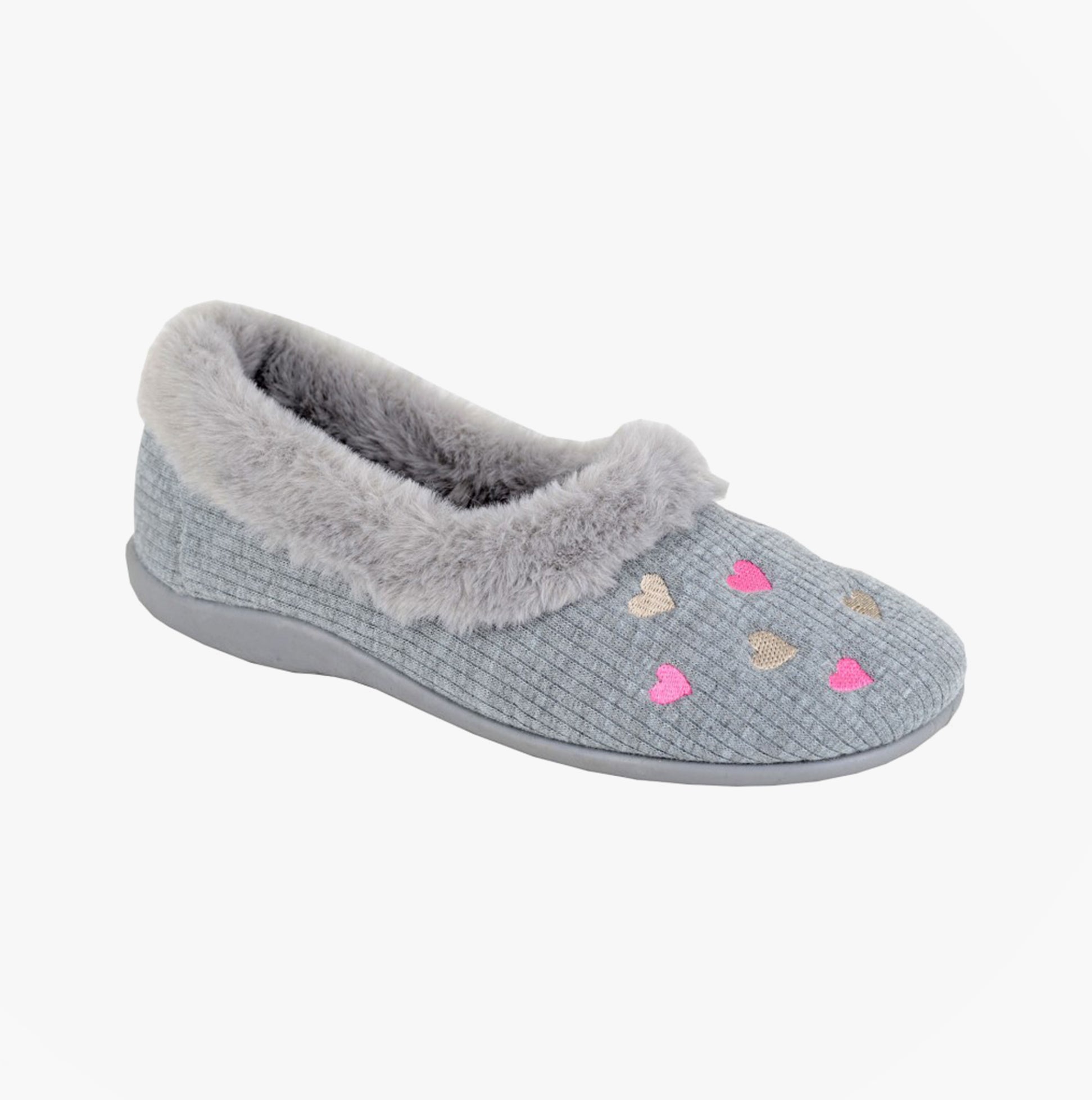 Sleepers DAISY Womens Full Slippers Slippers Grey side view showing heart patterns and plush lining