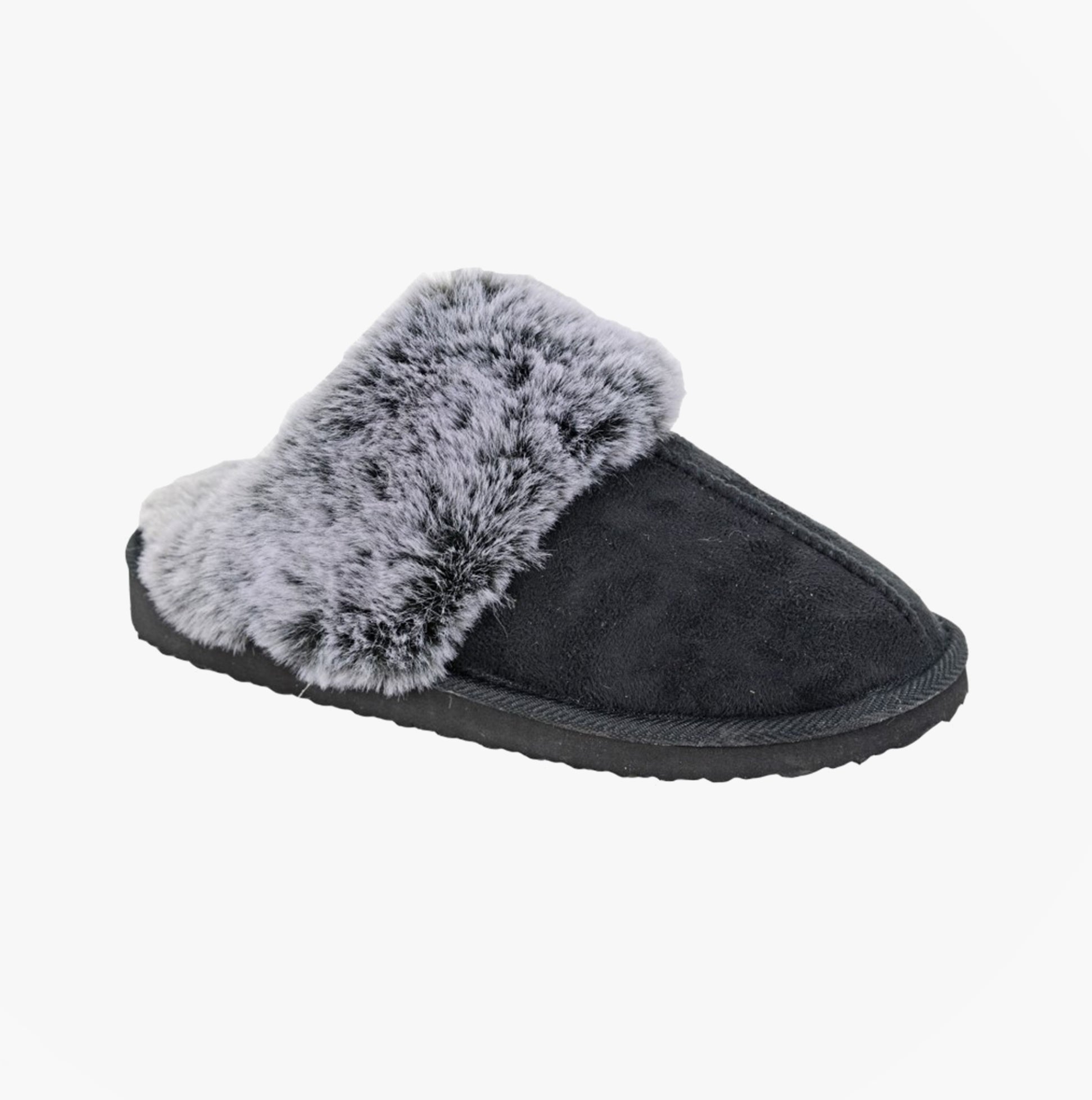 Sleepers JEANIE Womens Mules Slippers Black side view showing plush faux fur lining and microfibre upper.