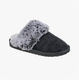 Sleepers JEANIE Womens Mules Slippers Black side view showing plush faux fur lining and microfibre upper.