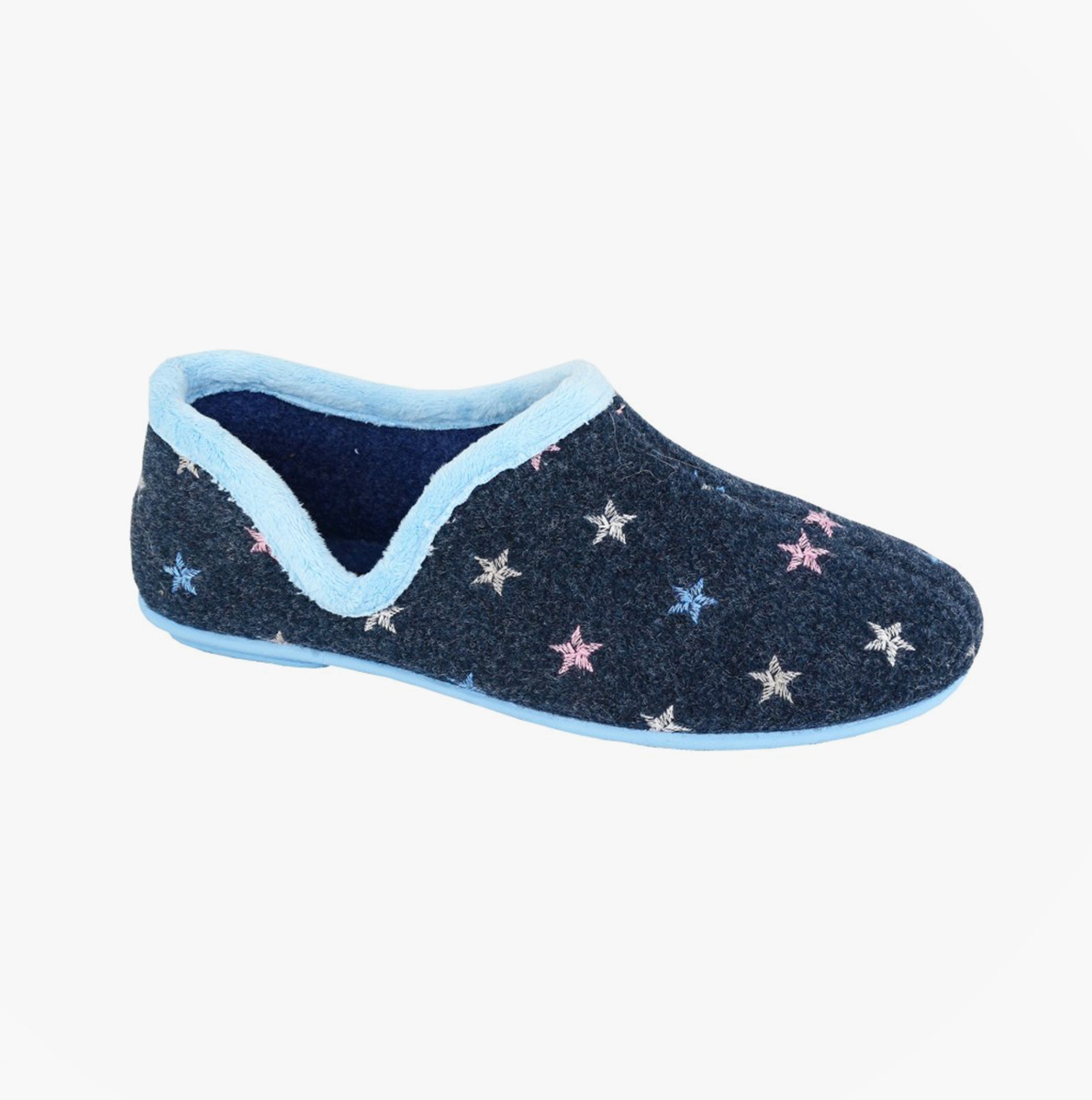 Sleepers ARIA Womens Full Slippers Slippers Navy Blue side view with star design and light blue lining