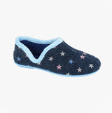 Sleepers ARIA Womens Full Slippers Slippers Navy Blue side view with star design and light blue lining