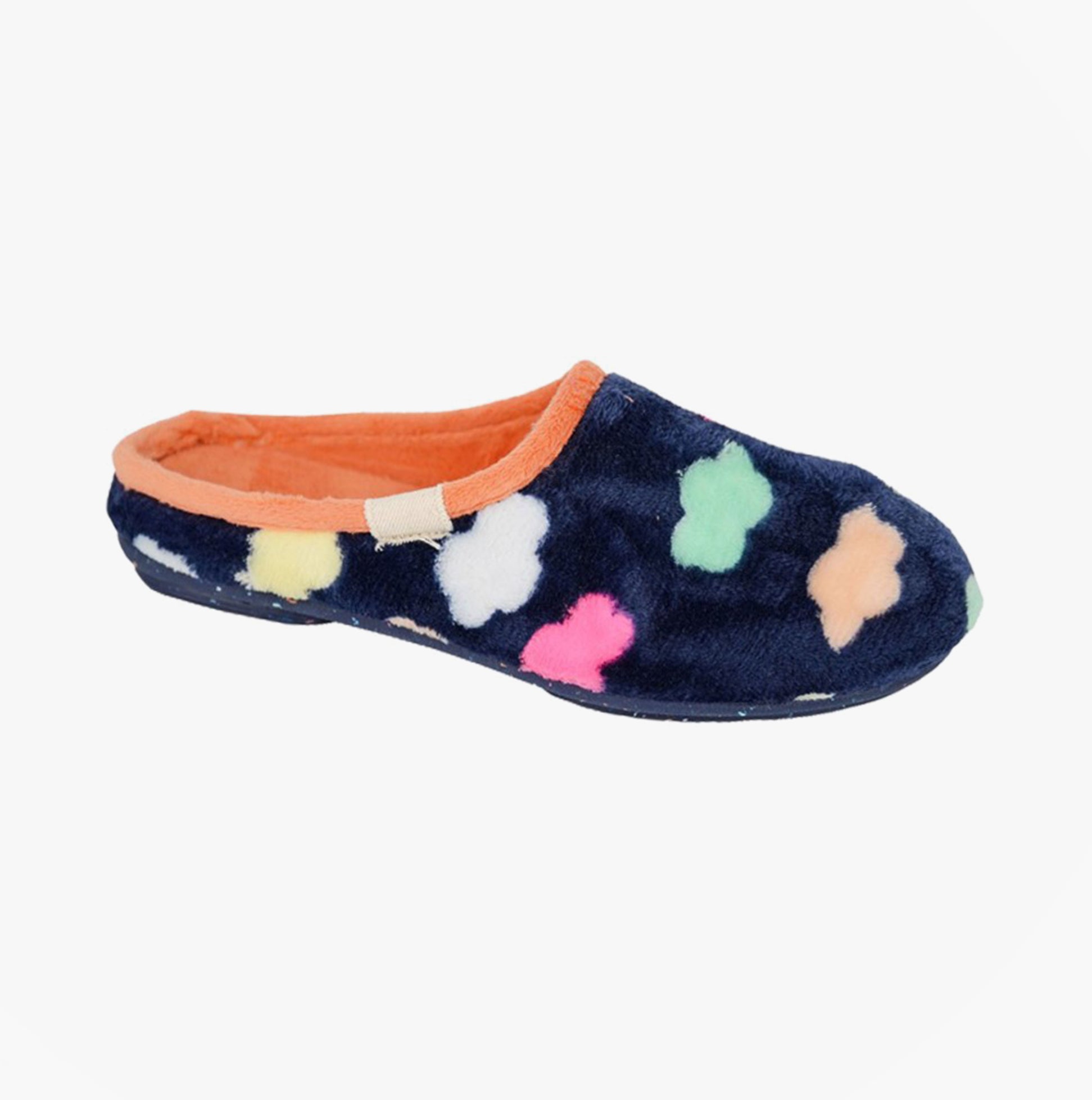 Sleepers SHEENA Womens Mules Slippers Navy Blue side view with colorful cloud patterns and soft velour lining.