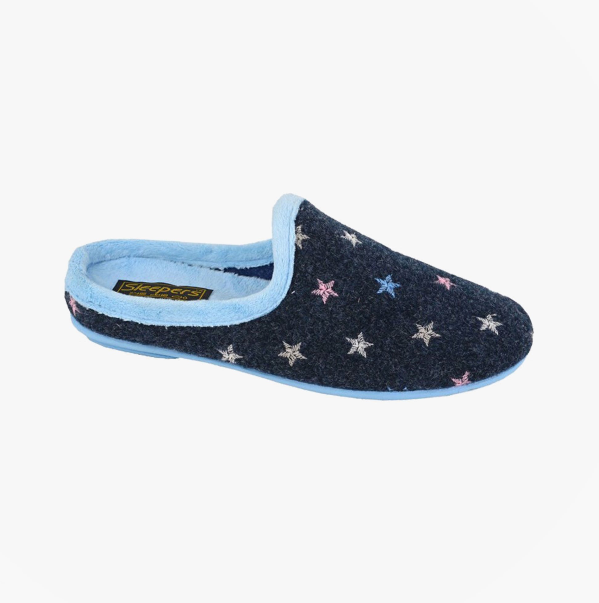 Sleepers ELLIE Womens Mules Slippers Navy Blue side view with star design and light blue lining
