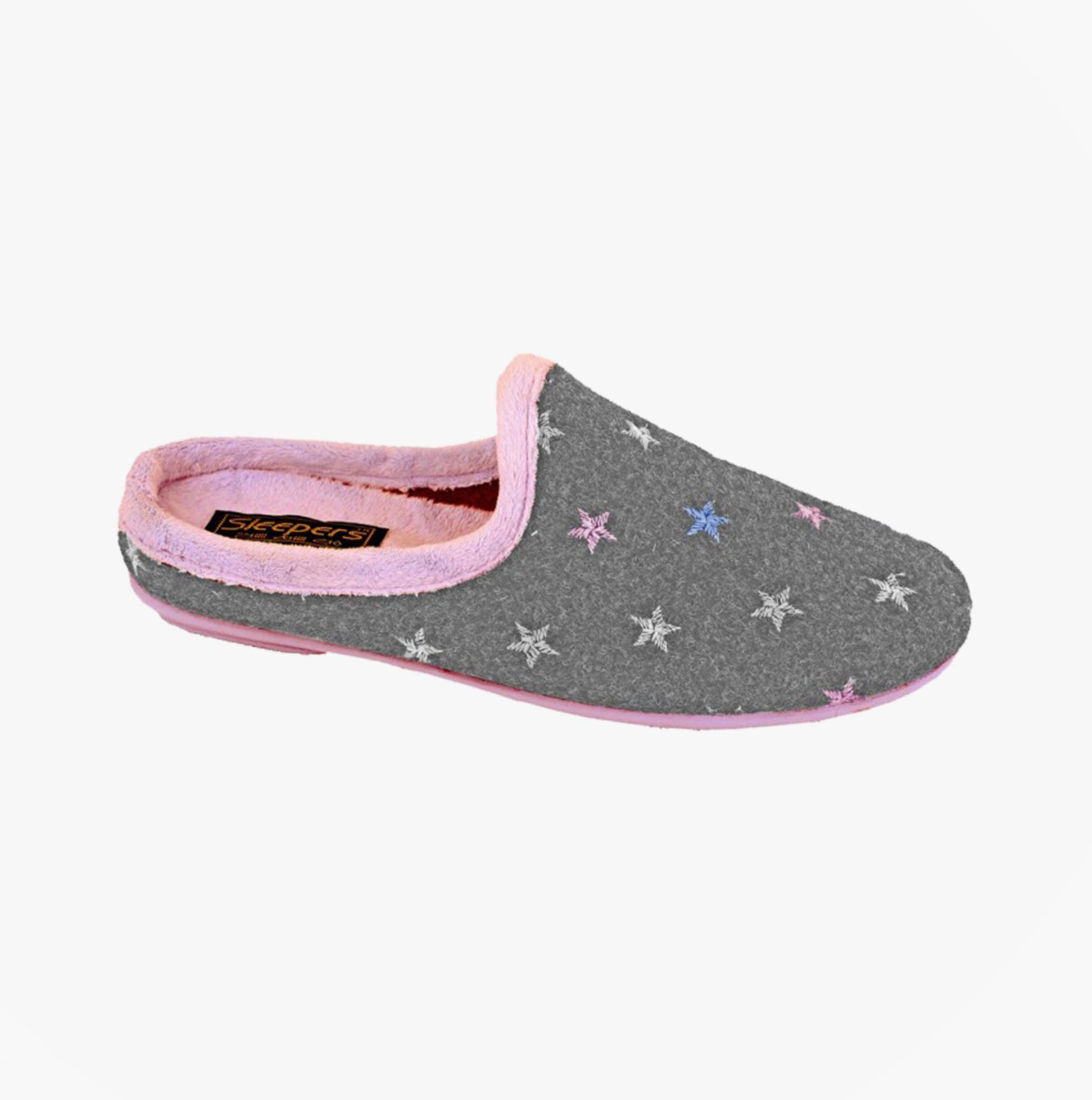 Sleepers ELLIE Womens Mules Slippers Grey/Pink side view showing star design and slip-on style.