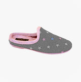 Sleepers ELLIE Womens Mules Slippers Grey/Pink side view showing star design and slip-on style.