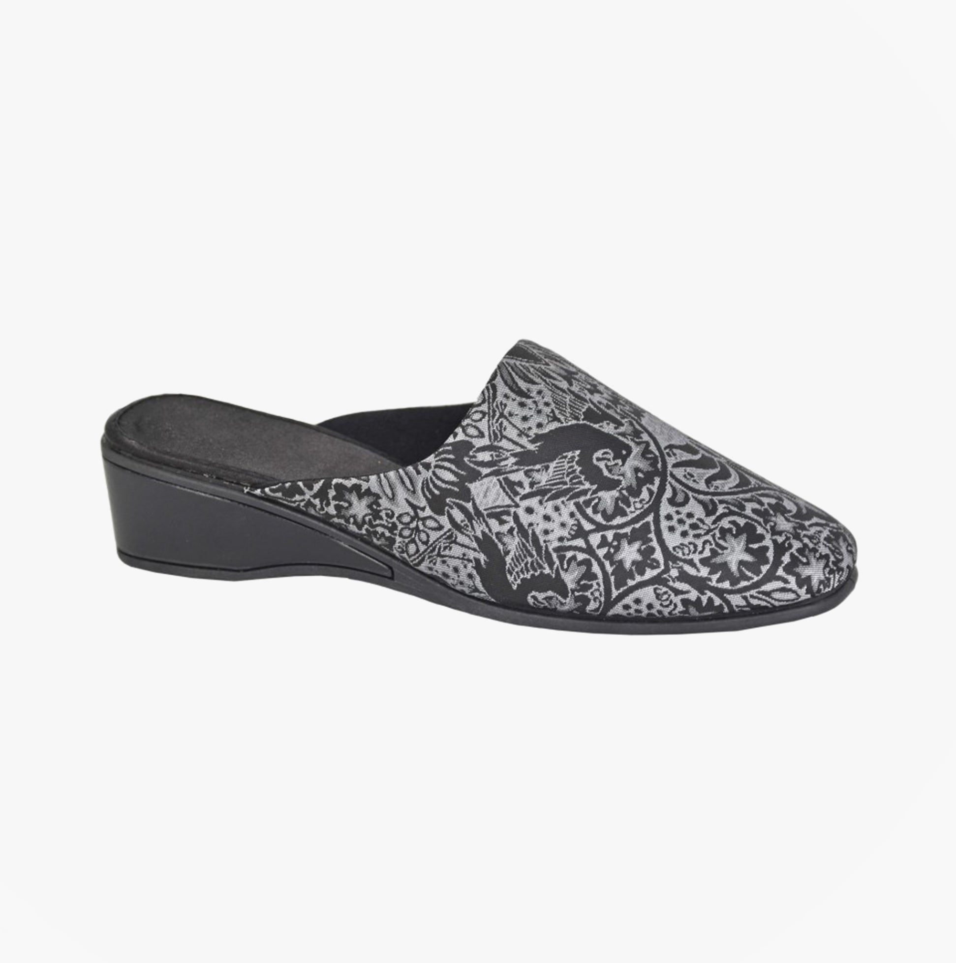 Sleepers PRIYA Womens Mules Slippers Black/Silver side view showing elegant pattern and low heel design.